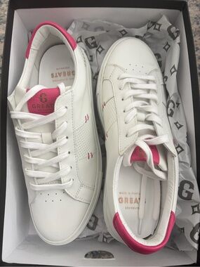 Greats White Leather Sneakers with Pink Heel & Tongue Accents